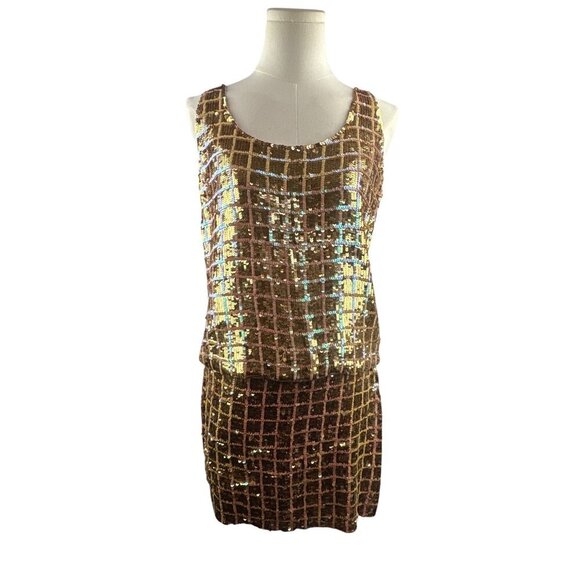 Moda International Sequin Top & Skirt Set S/4 Gold & Bronze 100% Silk Made In Ch - Picture 1 of 8